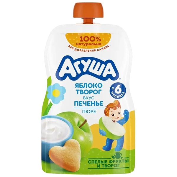 Детское пюре Агуша яблоко, творог, печенье 90 г.